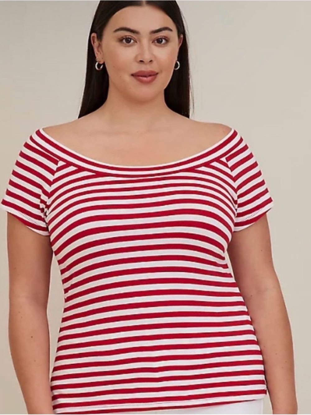 torrid Red & White Striped Off-Shoulder Short Sleeve Top